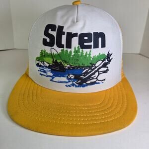 Vintage Stren Fishing Trucker Hat Mesh Snapback Yellow White Foam Front USA